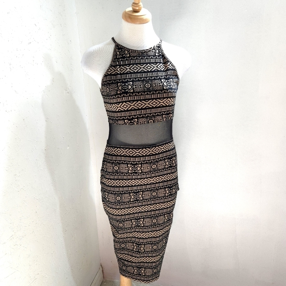 Lovley Day | Elegant Black and Brown Patterned Dress With Sheer Cut Out